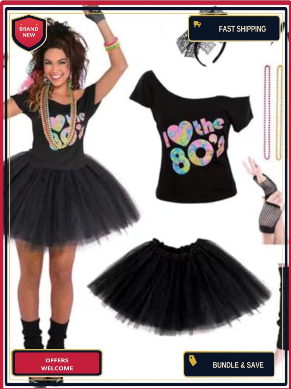 80s Costume Set Tutu Skirt Fishnet Gloves Legwarmers Headband I Love The 80s Tee